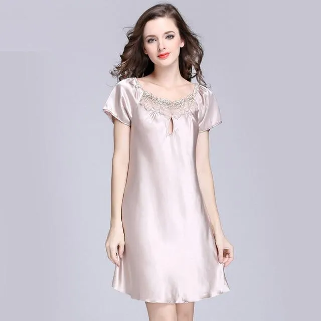 2017 New Sweet Young Women Silk Nightgown Printed Fashion Knee-length Girl Sleepwear Summer Ladies Sleepshirts Pink,Camel,Blue