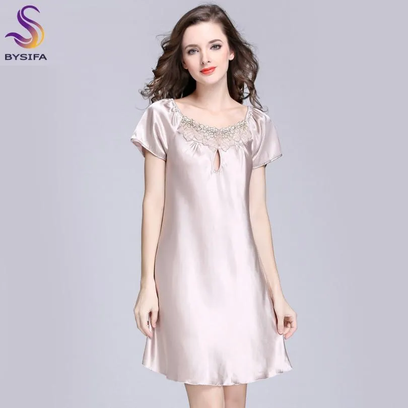 2017 New Sweet Young Women Silk Nightgown Printed Fashion Knee-length Girl Sleepwear Summer Ladies Sleepshirts Pink,Camel,Blue