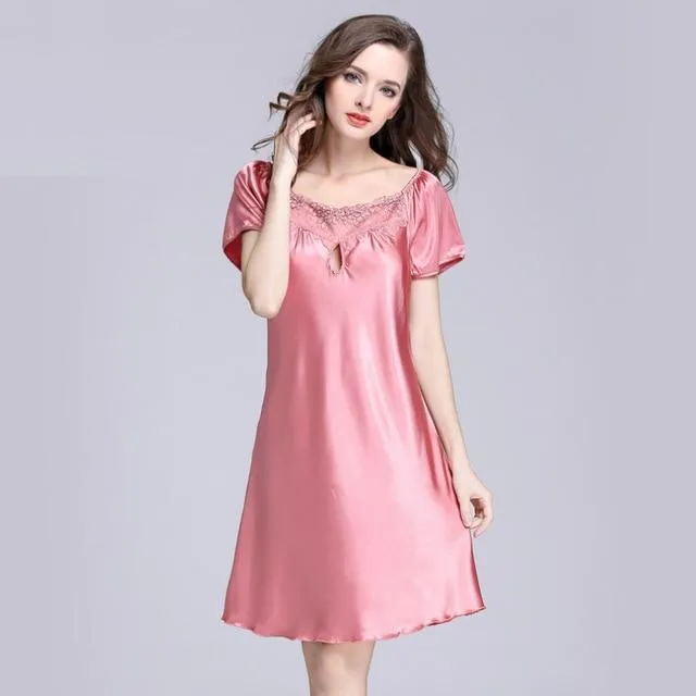2017 New Sweet Young Women Silk Nightgown Printed Fashion Knee-length Girl Sleepwear Summer Ladies Sleepshirts Pink,Camel,Blue