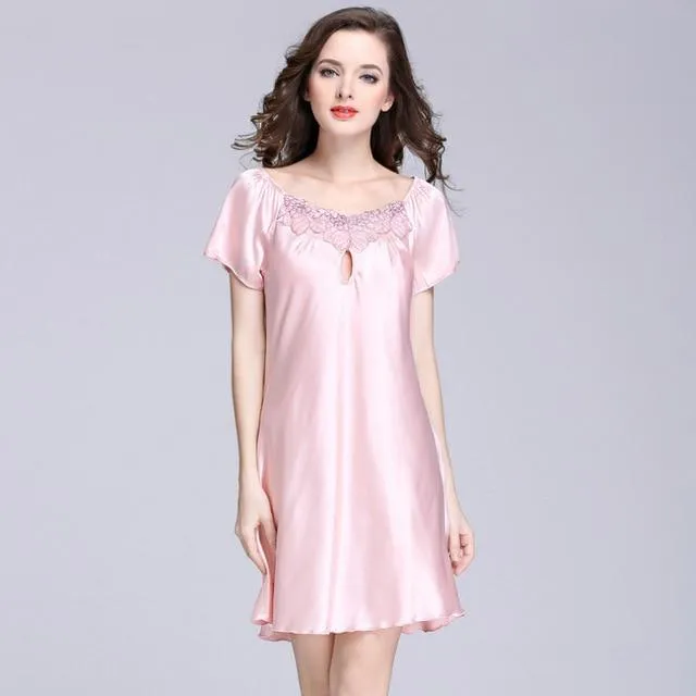 2017 New Sweet Young Women Silk Nightgown Printed Fashion Knee-length Girl Sleepwear Summer Ladies Sleepshirts Pink,Camel,Blue