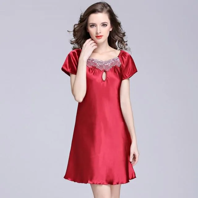 2017 New Sweet Young Women Silk Nightgown Printed Fashion Knee-length Girl Sleepwear Summer Ladies Sleepshirts Pink,Camel,Blue