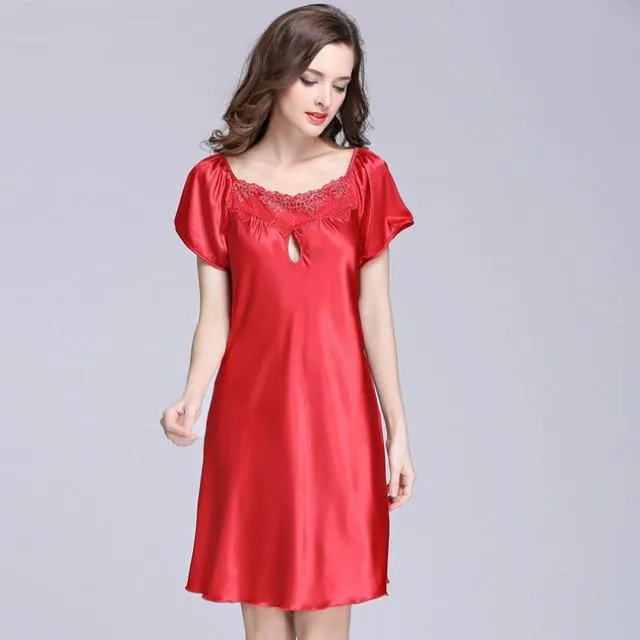 2017 New Sweet Young Women Silk Nightgown Printed Fashion Knee-length Girl Sleepwear Summer Ladies Sleepshirts Pink,Camel,Blue