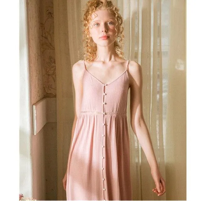 2019 Retro Spaghetti Strap Sleepwear Vintage Victoria Style Women Night Wear Home Dress Sexy Long Pink Cotton Nightgown T497