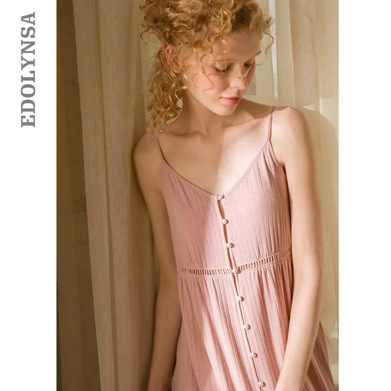 2019 Retro Spaghetti Strap Sleepwear Vintage Victoria Style Women Night Wear Home Dress Sexy Long Pink Cotton Nightgown T497