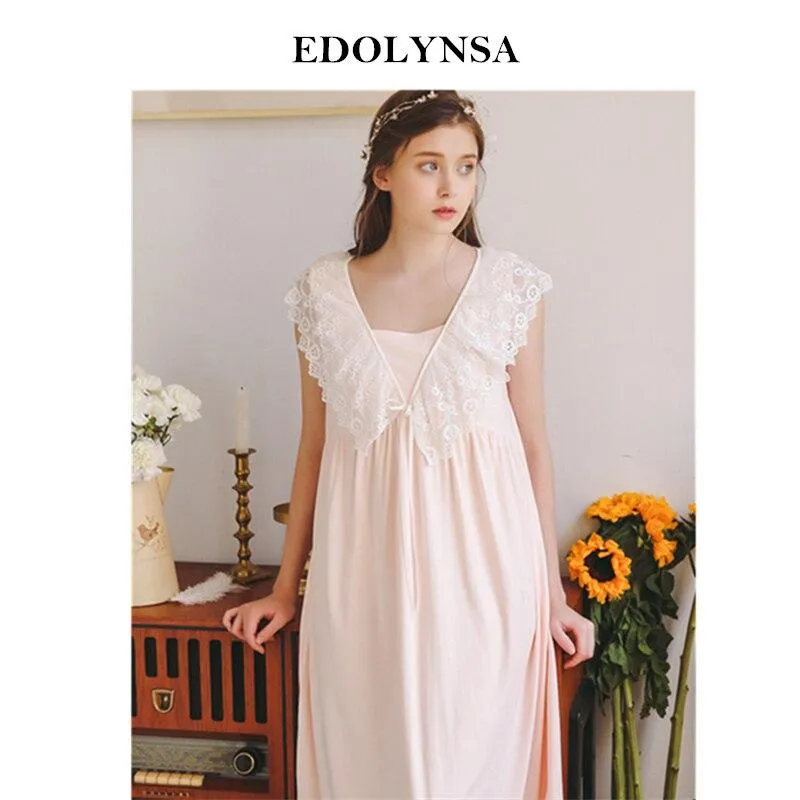 2019 Retro Summer Sleepwear Women Home Wear Vintage Nightgown Elegant Shawl Collar Sleeveless Long White Cotton Night Dress H845
