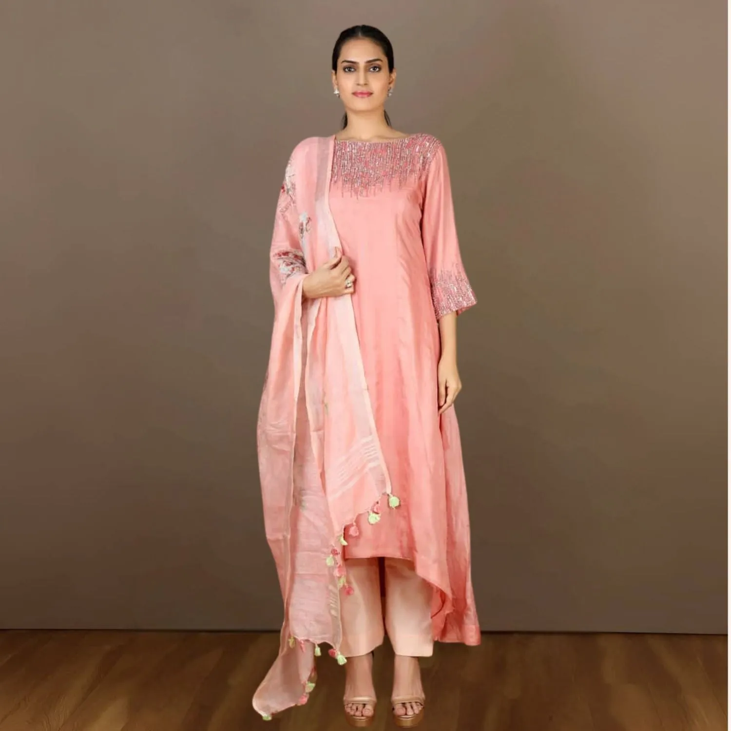 Advika Tussar Kurta Pant Set | Sequin Embellished | Delicate | Ethnic | Watermelon Pink