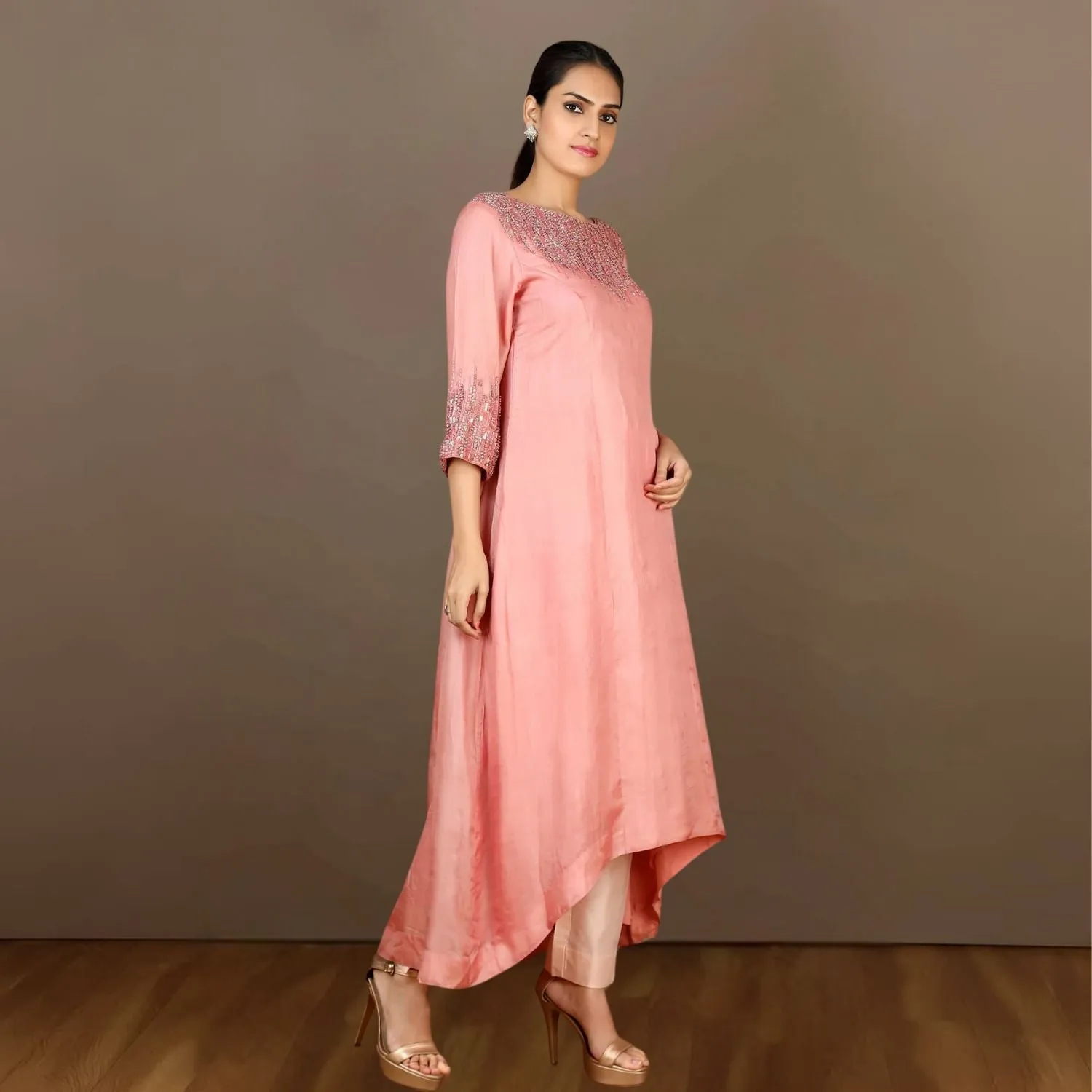 Advika Tussar Kurta Pant Set | Sequin Embellished | Delicate | Ethnic | Watermelon Pink