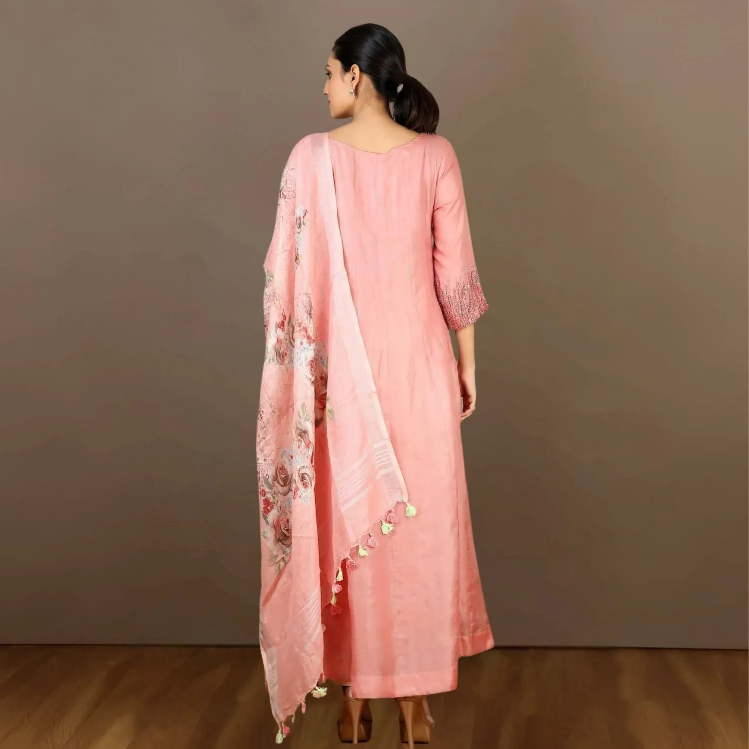 Advika Tussar Kurta Pant Set | Sequin Embellished | Delicate | Ethnic | Watermelon Pink