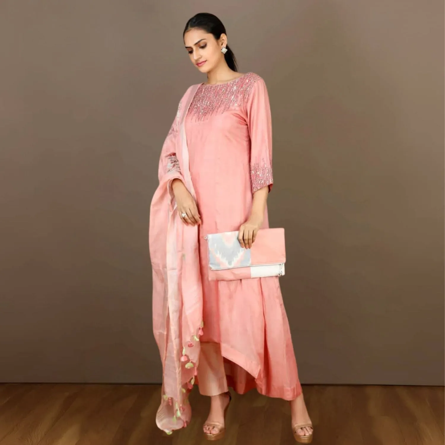 Advika Tussar Kurta Pant Set | Sequin Embellished | Delicate | Ethnic | Watermelon Pink