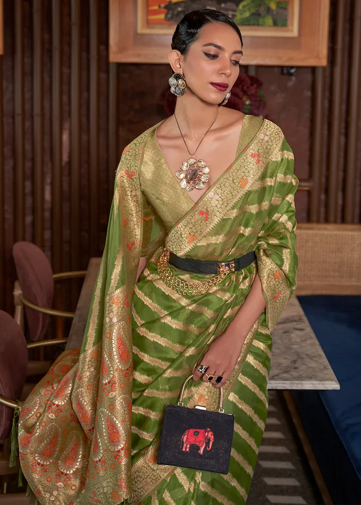 Avocado Green Meenakari Weaving Organza Silk Saree