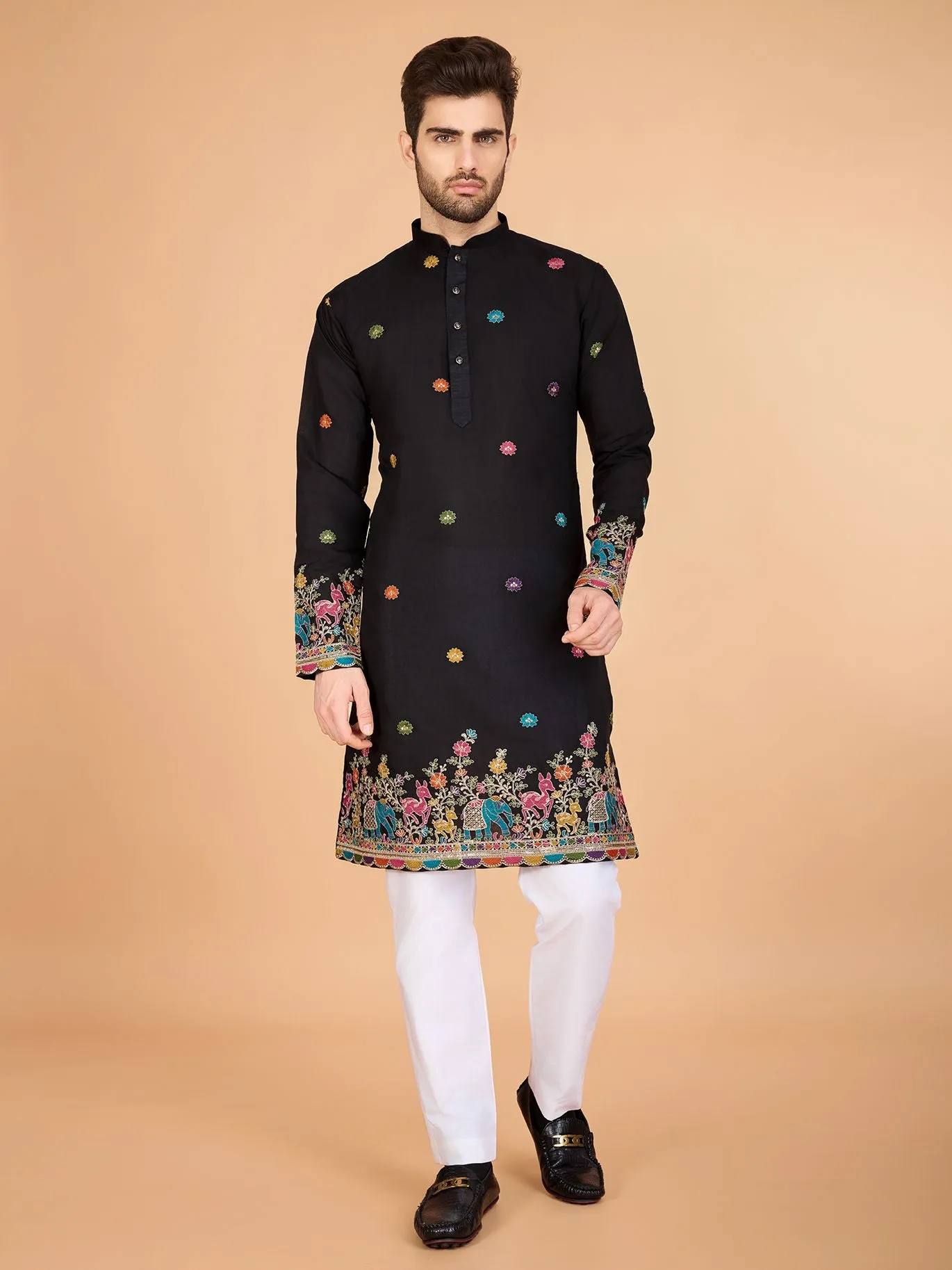 Black Colour Viscose Silk Heavy Thread Work Kurta Payjama