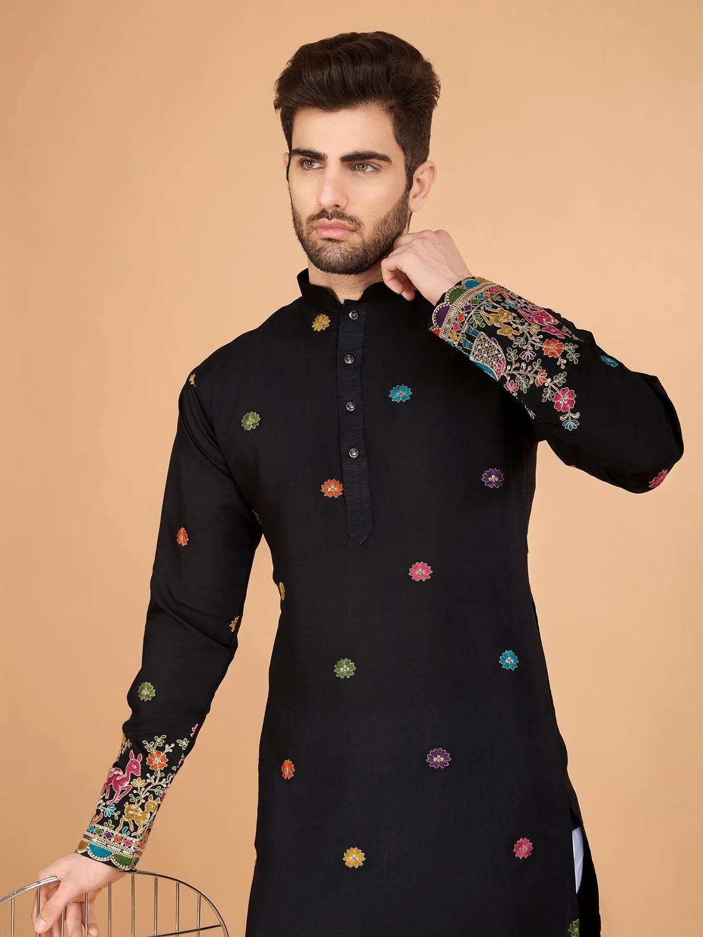 Black Colour Viscose Silk Heavy Thread Work Kurta Payjama