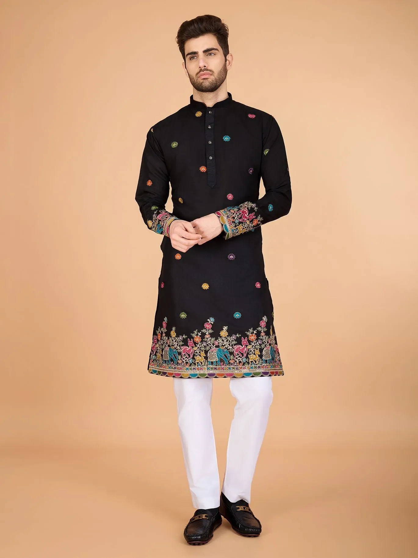 Black Colour Viscose Silk Heavy Thread Work Kurta Payjama