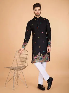 Black Colour Viscose Silk Heavy Thread Work Kurta Payjama