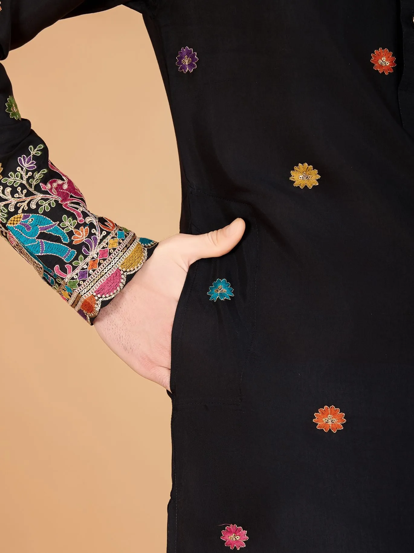 Black Colour Viscose Silk Heavy Thread Work Kurta Payjama