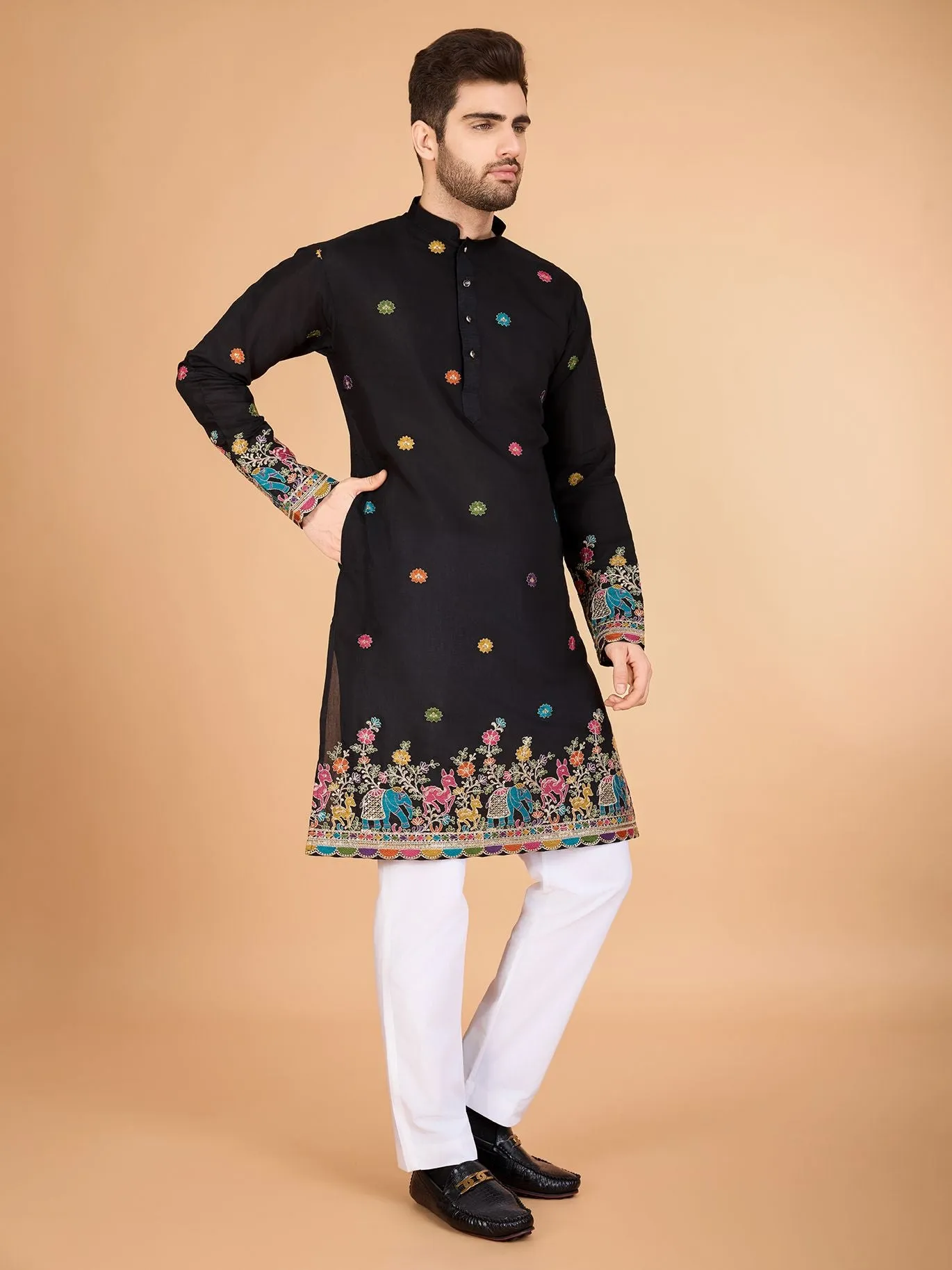 Black Colour Viscose Silk Heavy Thread Work Kurta Payjama