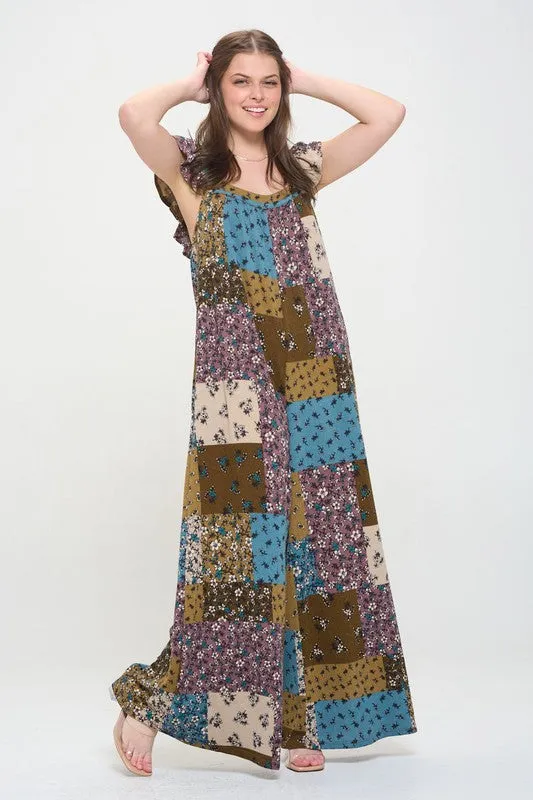 Boho Elegance Patchwork Ruffle Knit Maxi Jumpsuit