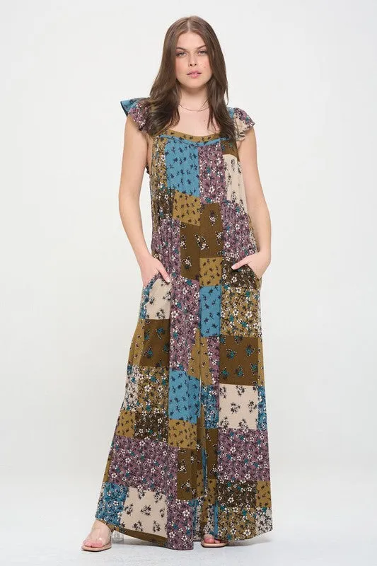 Boho Elegance Patchwork Ruffle Knit Maxi Jumpsuit