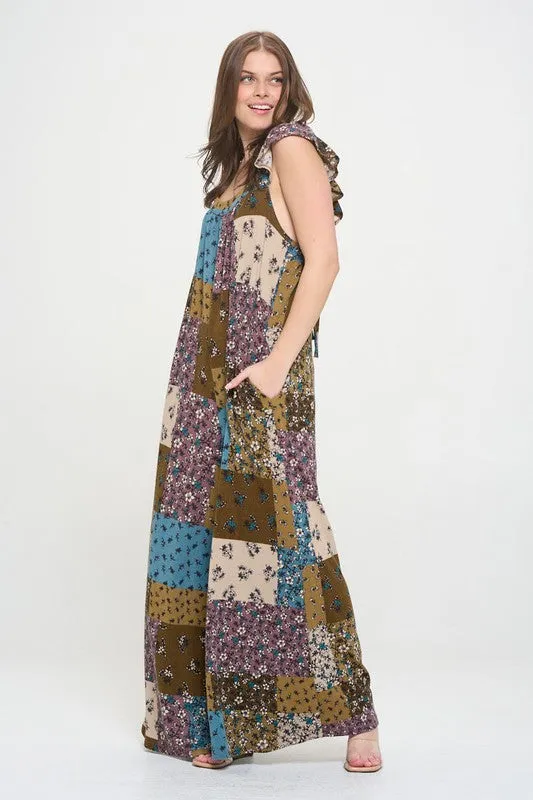 Boho Elegance Patchwork Ruffle Knit Maxi Jumpsuit
