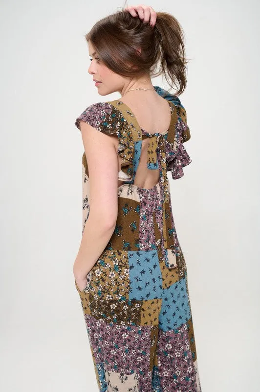 Boho Elegance Patchwork Ruffle Knit Maxi Jumpsuit