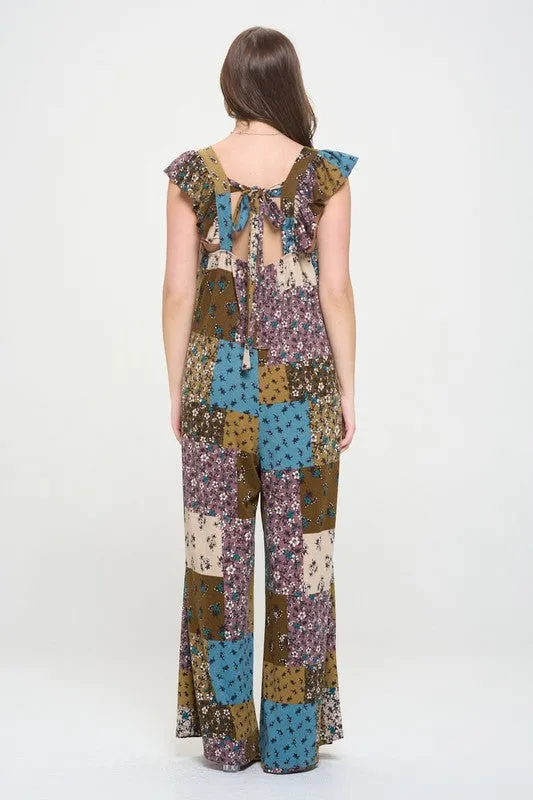 Boho Elegance Patchwork Ruffle Knit Maxi Jumpsuit