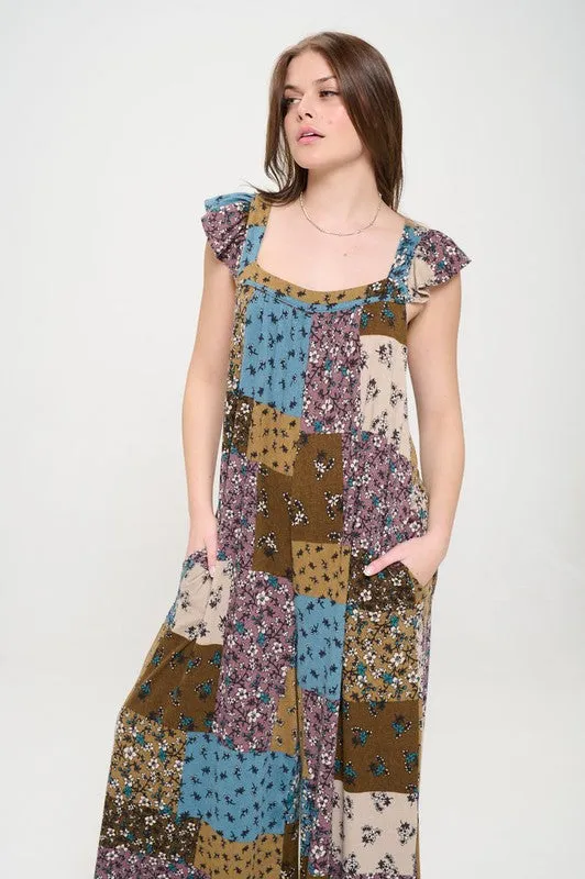 Boho Elegance Patchwork Ruffle Knit Maxi Jumpsuit