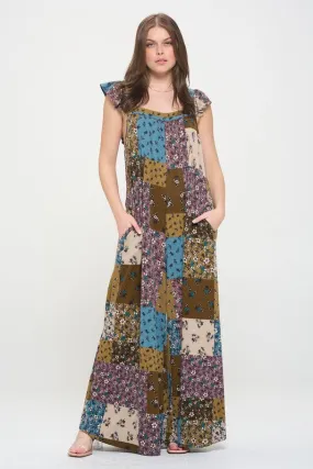 Boho Elegance Patchwork Ruffle Knit Maxi Jumpsuit