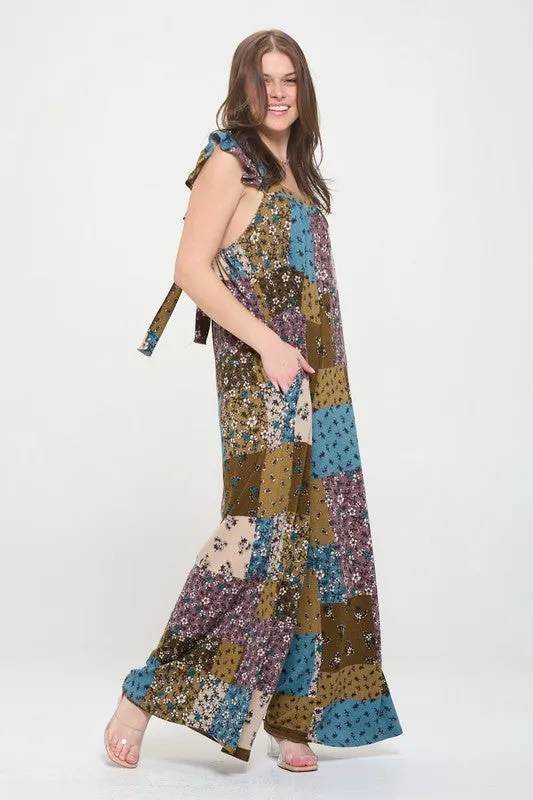 Boho Elegance Patchwork Ruffle Knit Maxi Jumpsuit