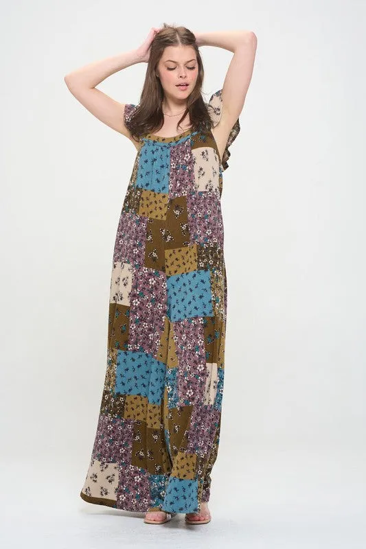 Boho Elegance Patchwork Ruffle Knit Maxi Jumpsuit