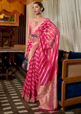Bright Pink Meenakari Weaving Organza Silk Saree