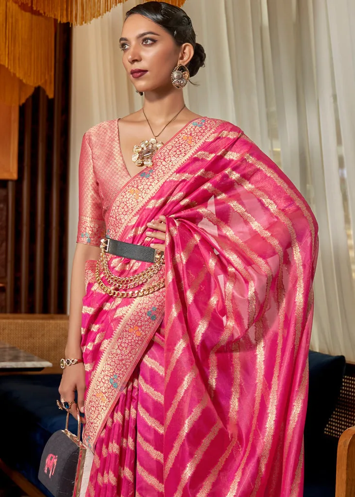 Bright Pink Meenakari Weaving Organza Silk Saree