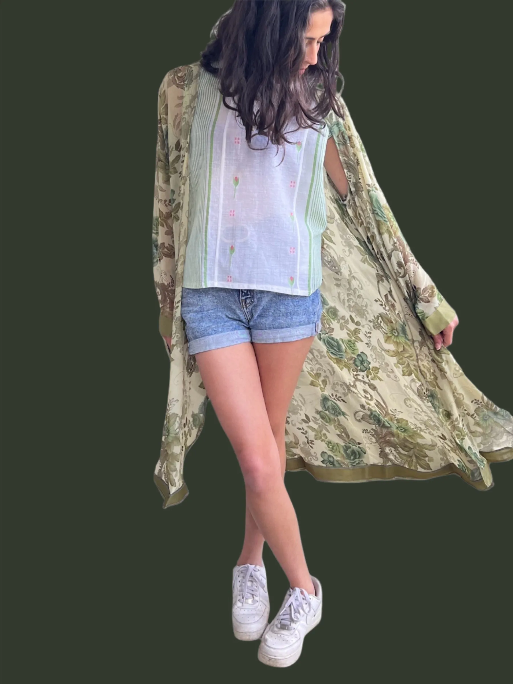Forest Vintage Saree Kimono