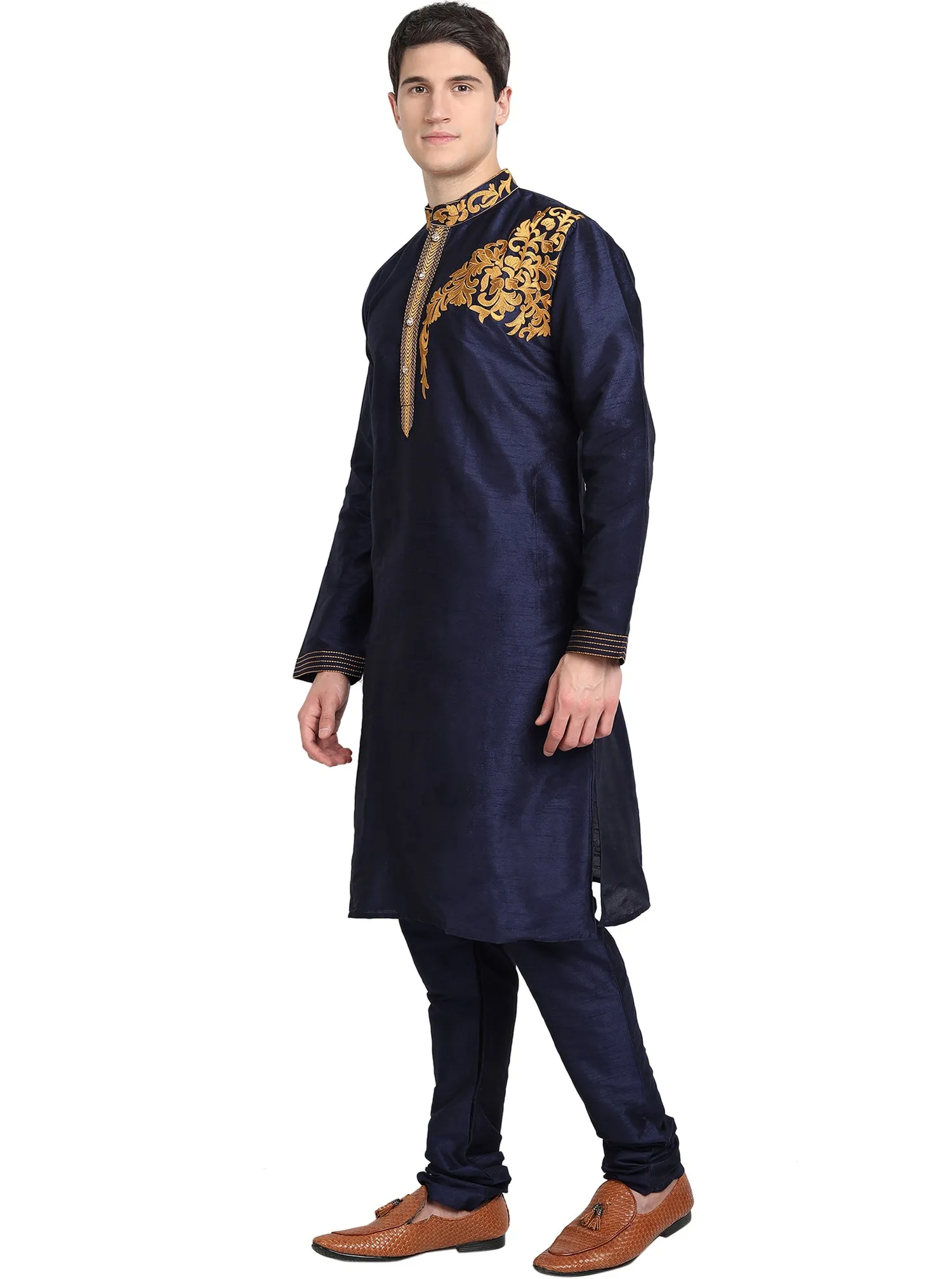 Kurta Pajama 2-Piece Set For Men Art Silk Party Wear Festive Dress Blue