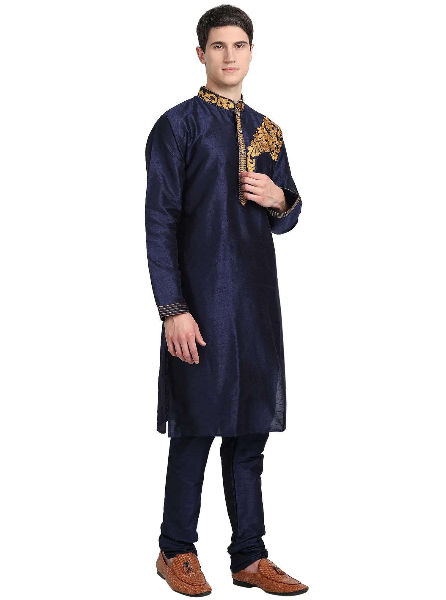 Kurta Pajama 2-Piece Set For Men Art Silk Party Wear Festive Dress Blue