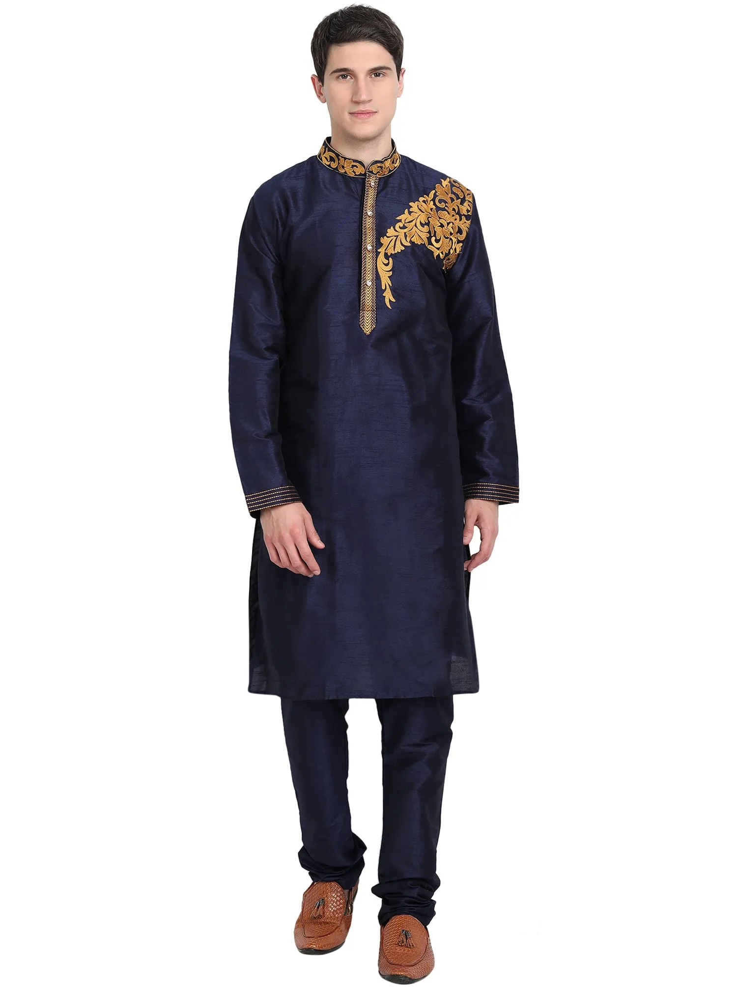 Kurta Pajama 2-Piece Set For Men Art Silk Party Wear Festive Dress Blue
