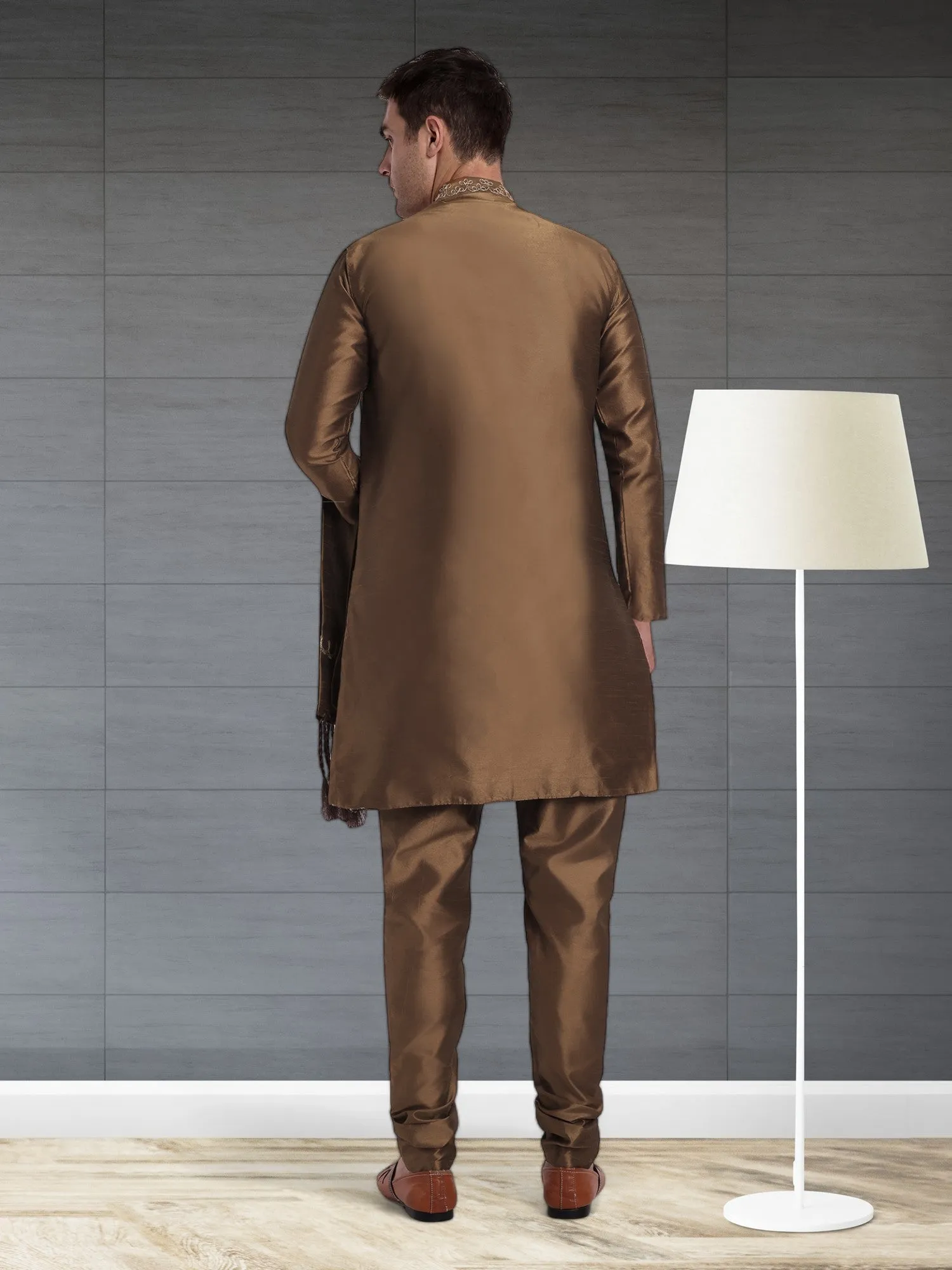 Kurta Pajama For Men With Jacket And Stole Festival Wedding Party Dress Set Brown
