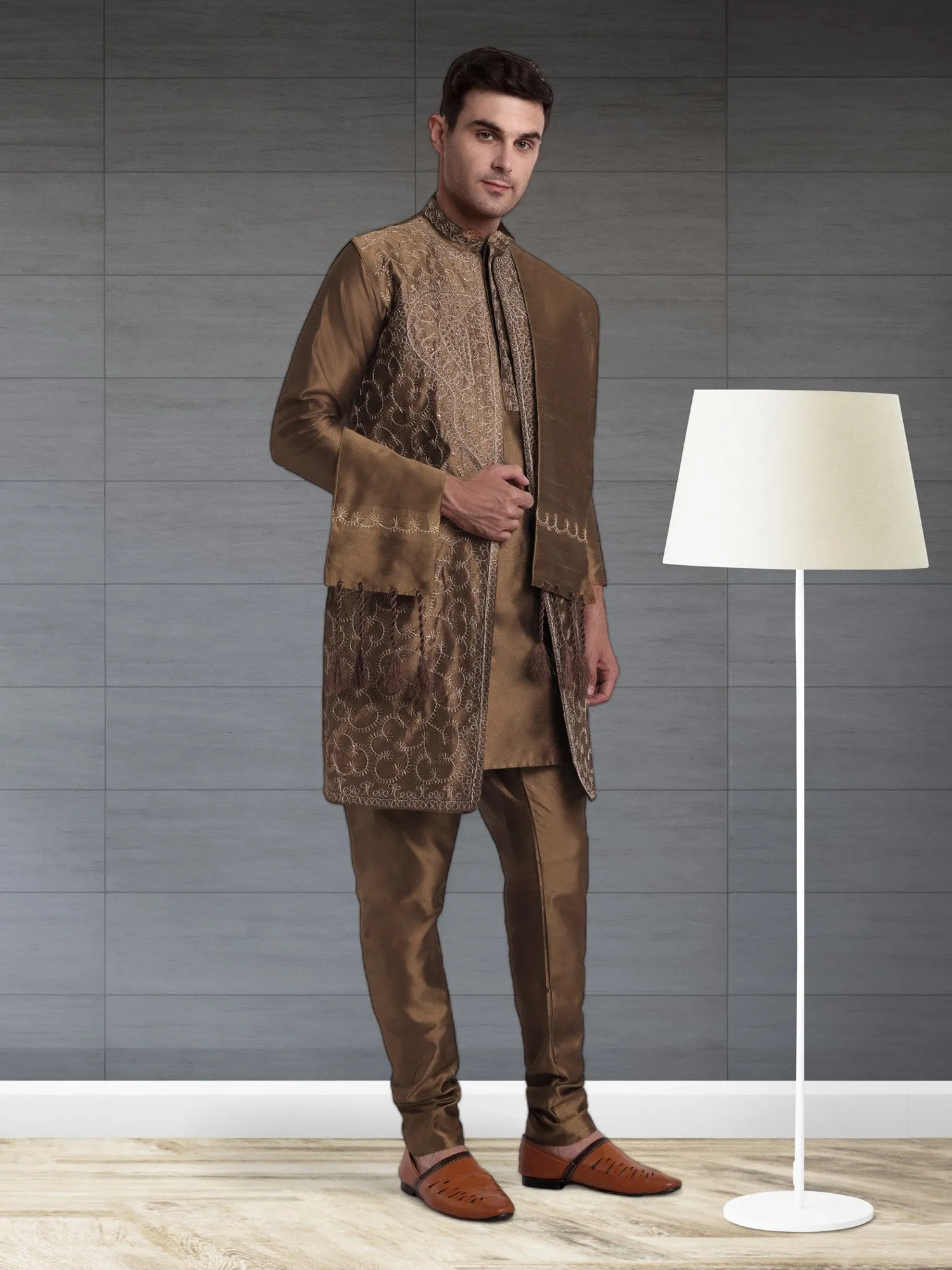 Kurta Pajama For Men With Jacket And Stole Festival Wedding Party Dress Set Brown