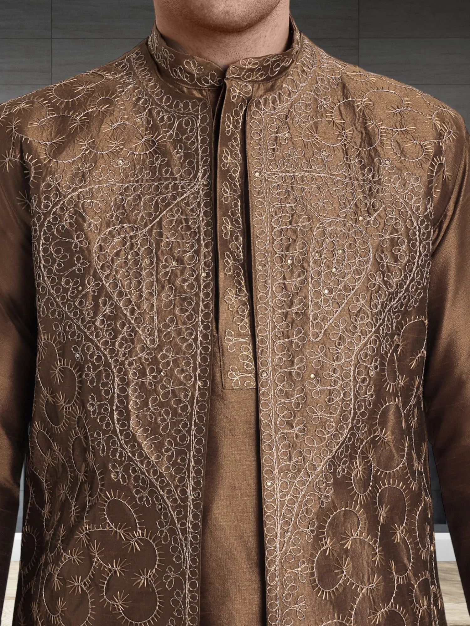 Kurta Pajama For Men With Jacket And Stole Festival Wedding Party Dress Set Brown