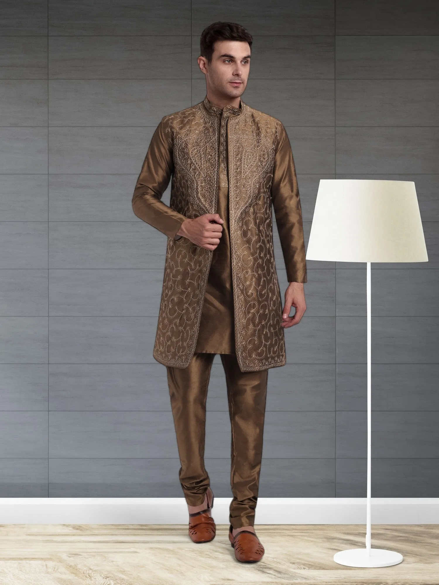 Kurta Pajama For Men With Jacket And Stole Festival Wedding Party Dress Set Brown