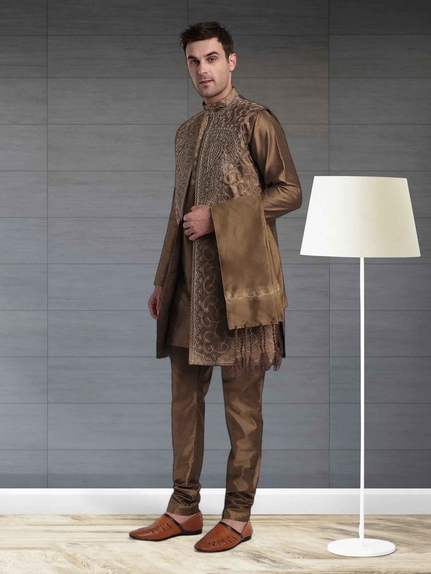 Kurta Pajama For Men With Jacket And Stole Festival Wedding Party Dress Set Brown