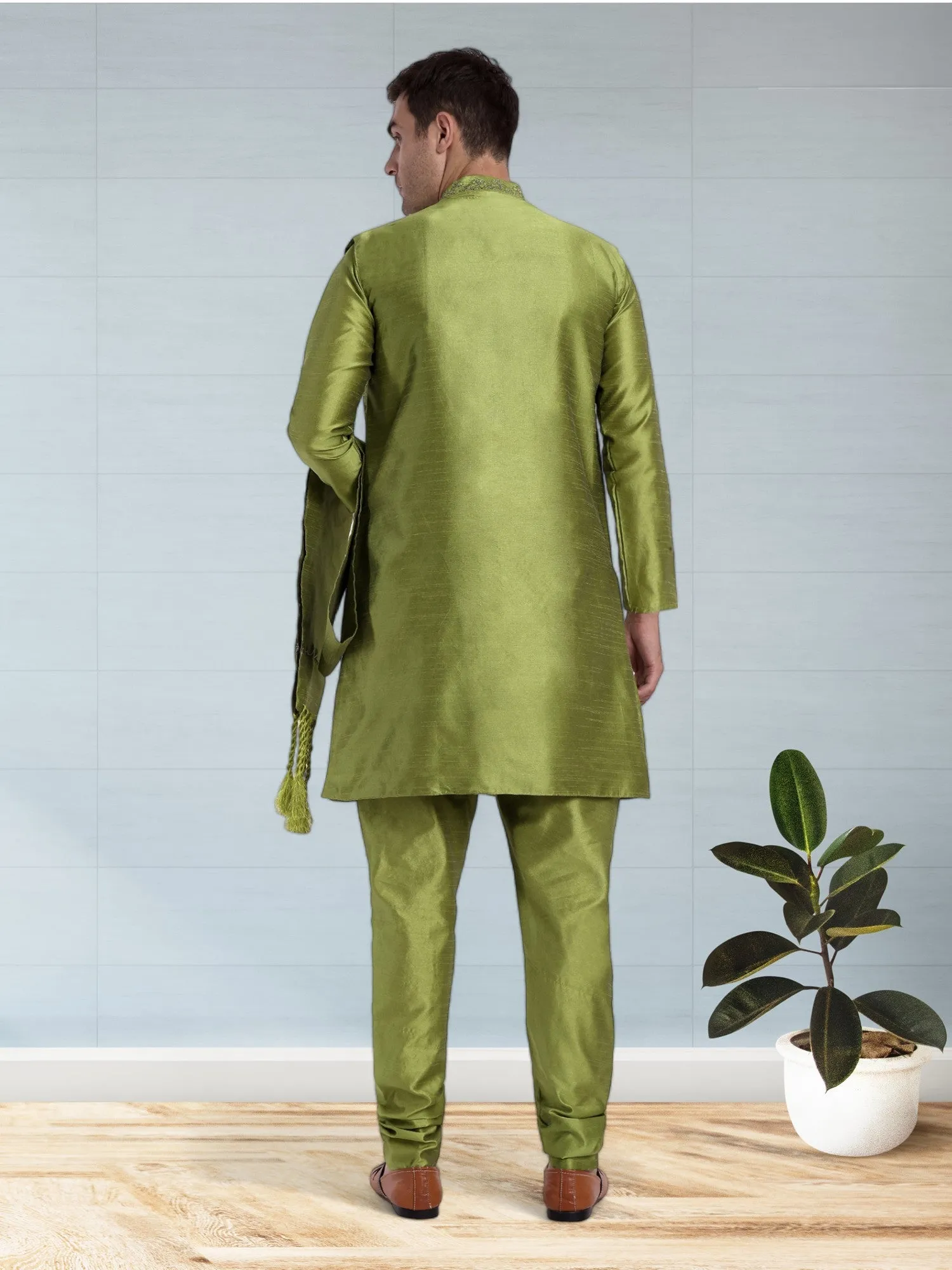 Kurta Pajama For Men With Jacket And Stole Festival Wedding Party Dress Set Green