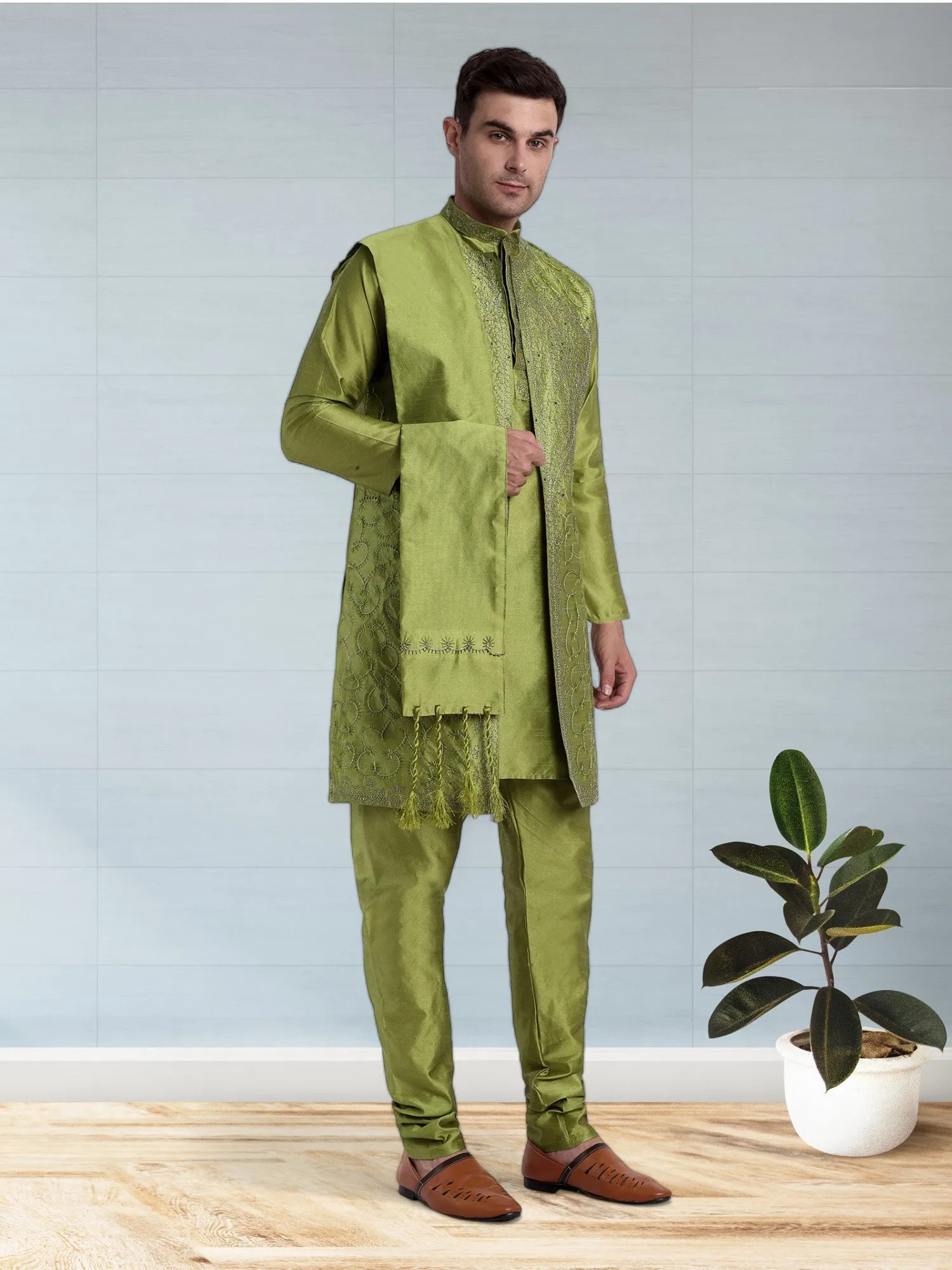 Kurta Pajama For Men With Jacket And Stole Festival Wedding Party Dress Set Green