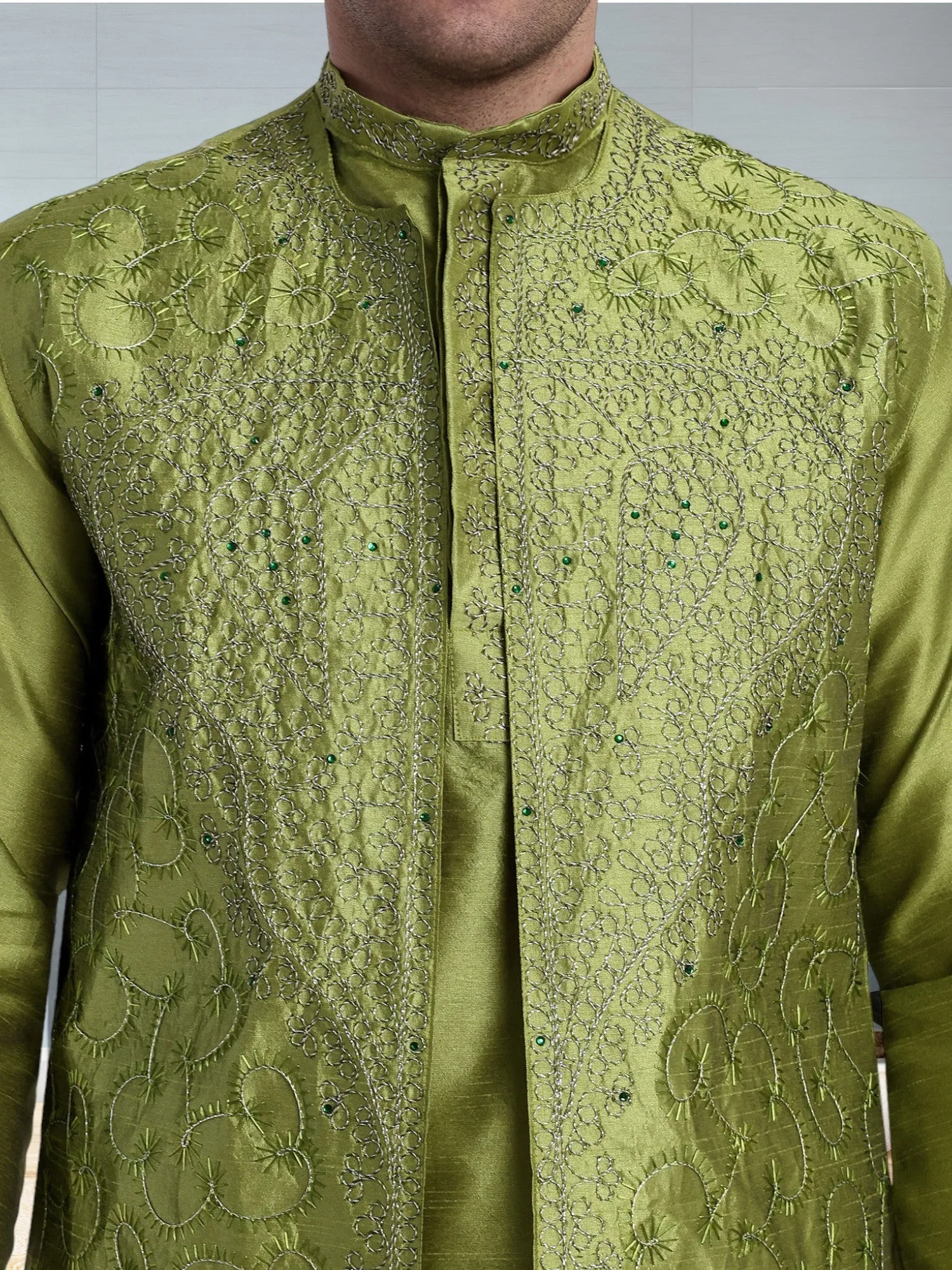 Kurta Pajama For Men With Jacket And Stole Festival Wedding Party Dress Set Green