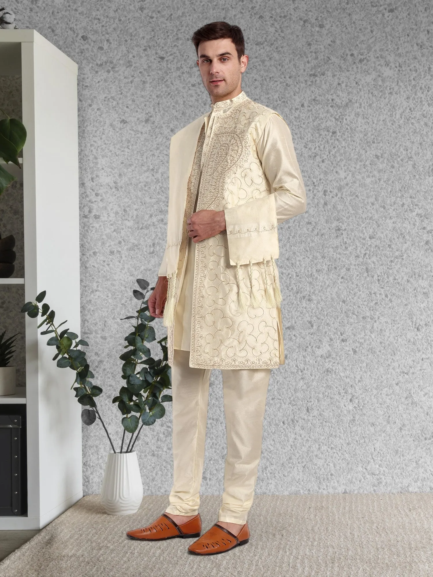Kurta Pajama For Men With Jacket And Stole Festival Wedding Party Dress Set Off-White