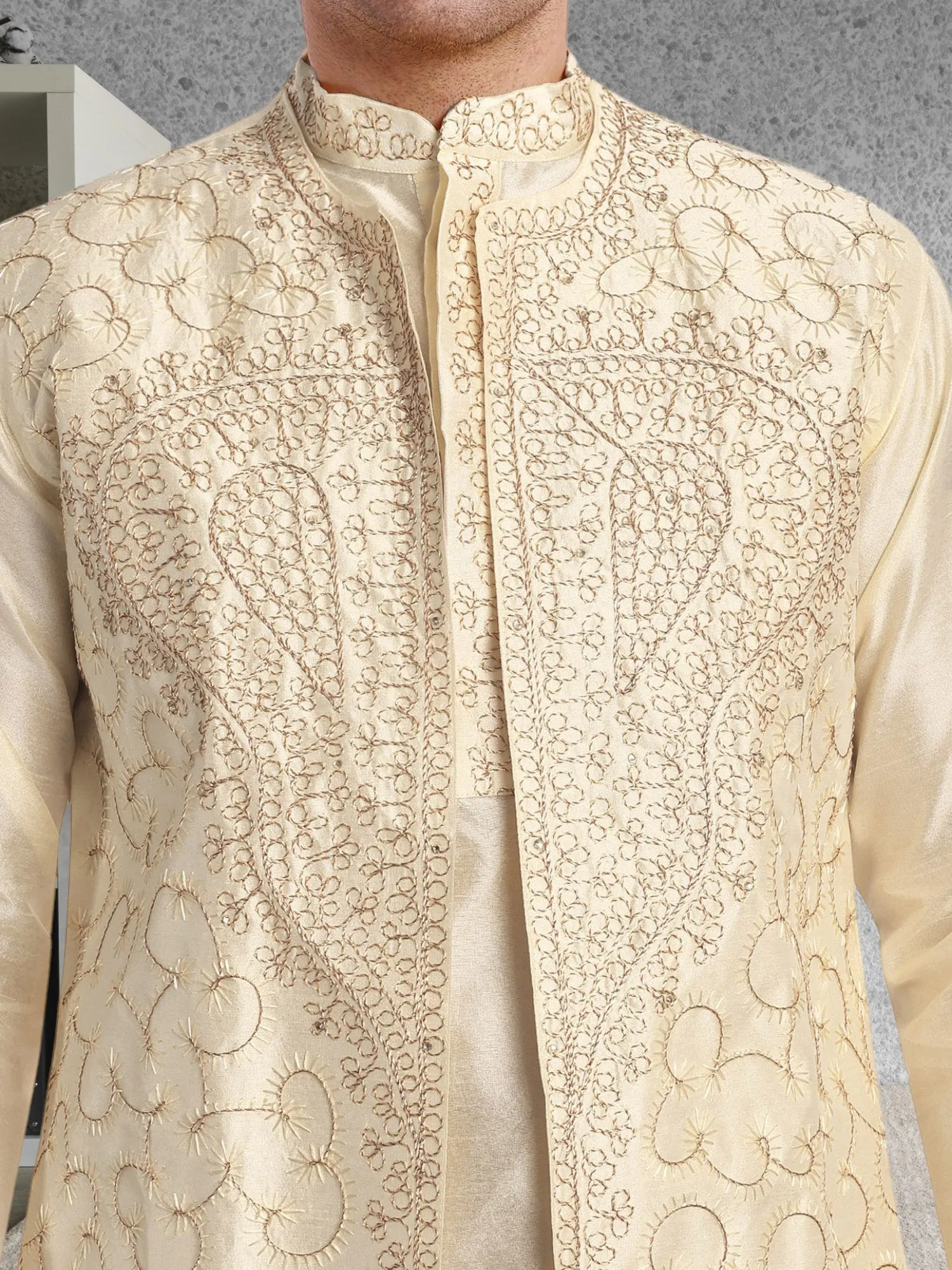 Kurta Pajama For Men With Jacket And Stole Festival Wedding Party Dress Set Off-White