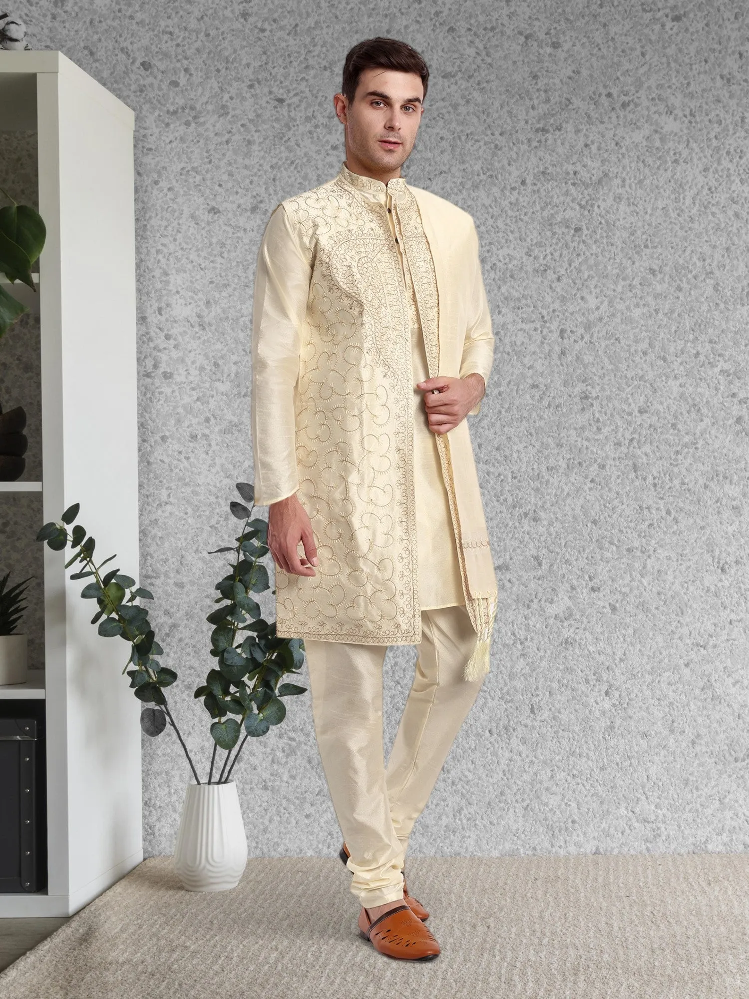 Kurta Pajama For Men With Jacket And Stole Festival Wedding Party Dress Set Off-White