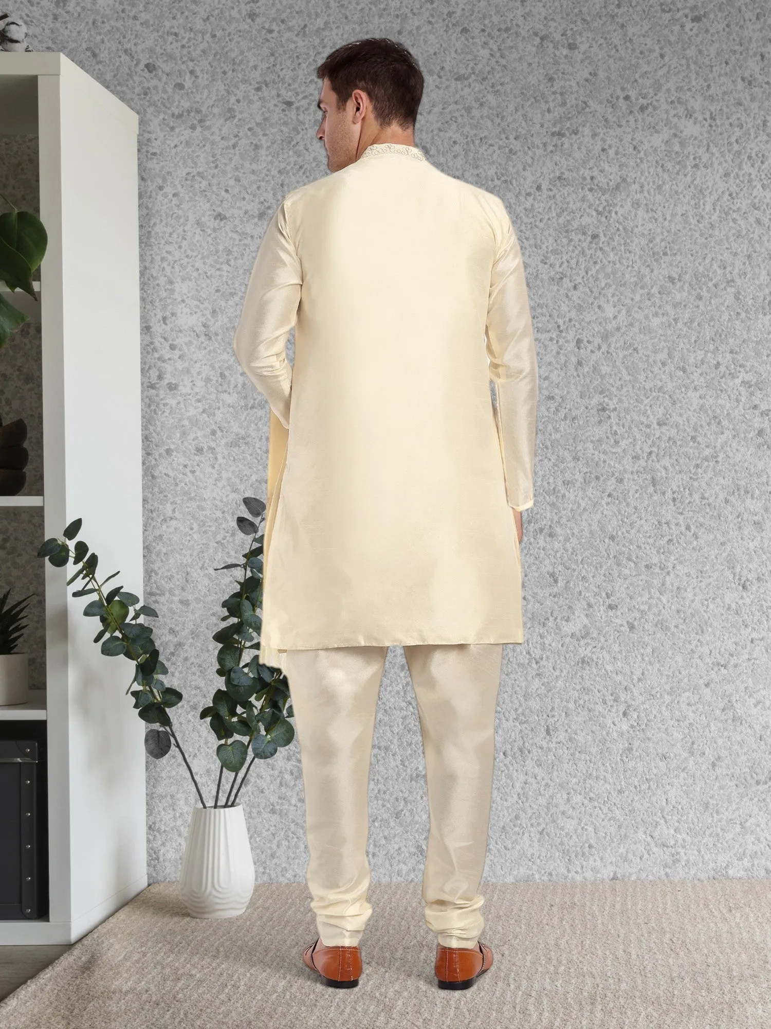 Kurta Pajama For Men With Jacket And Stole Festival Wedding Party Dress Set Off-White