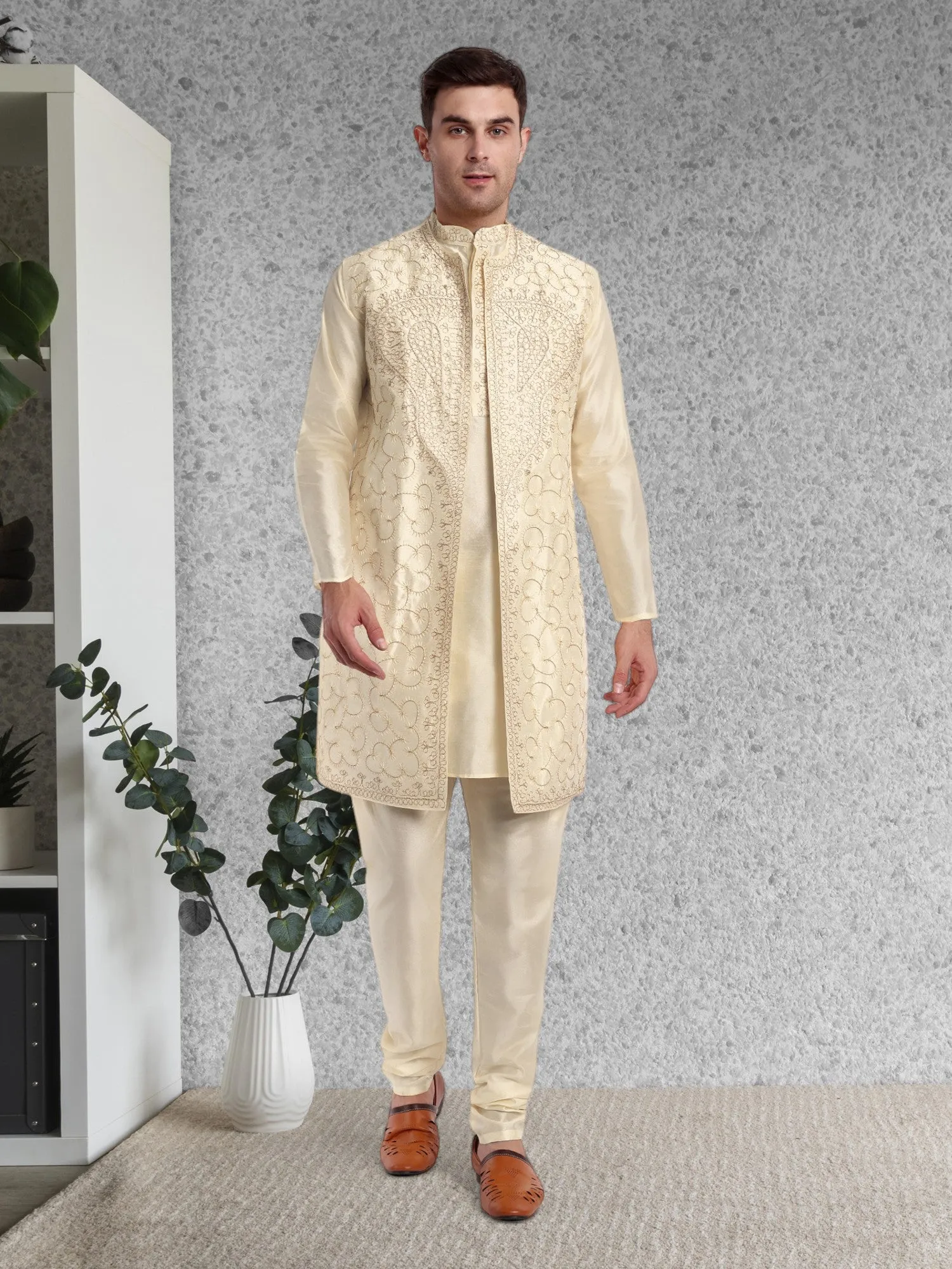 Kurta Pajama For Men With Jacket And Stole Festival Wedding Party Dress Set Off-White
