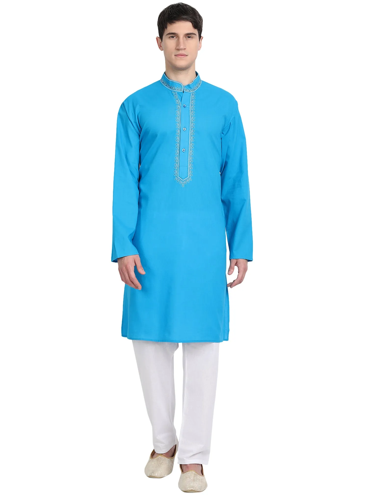 Kurta Pajama Set For Men Embroide Cotton Party Dress Turquoise