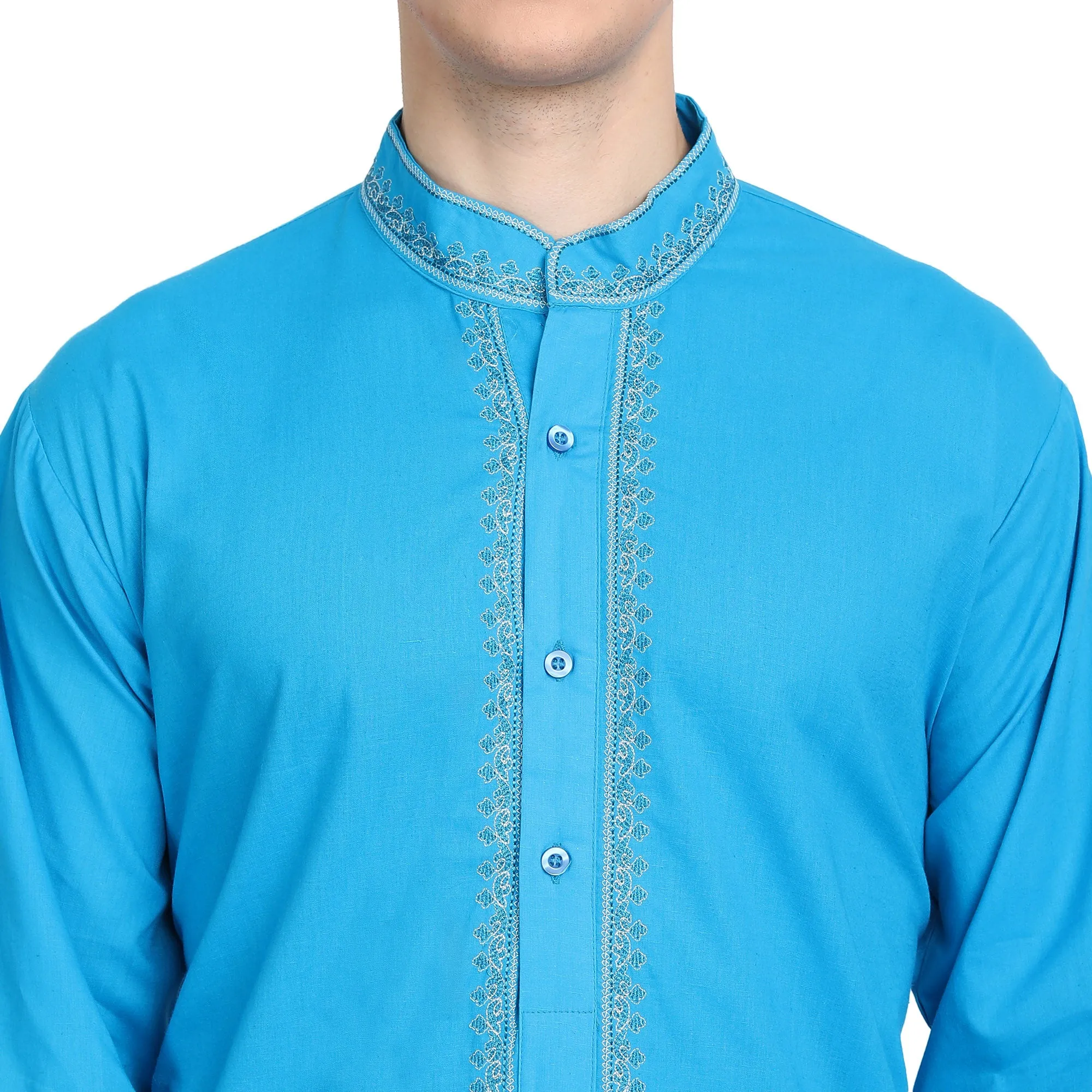 Kurta Pajama Set For Men Embroide Cotton Party Dress Turquoise